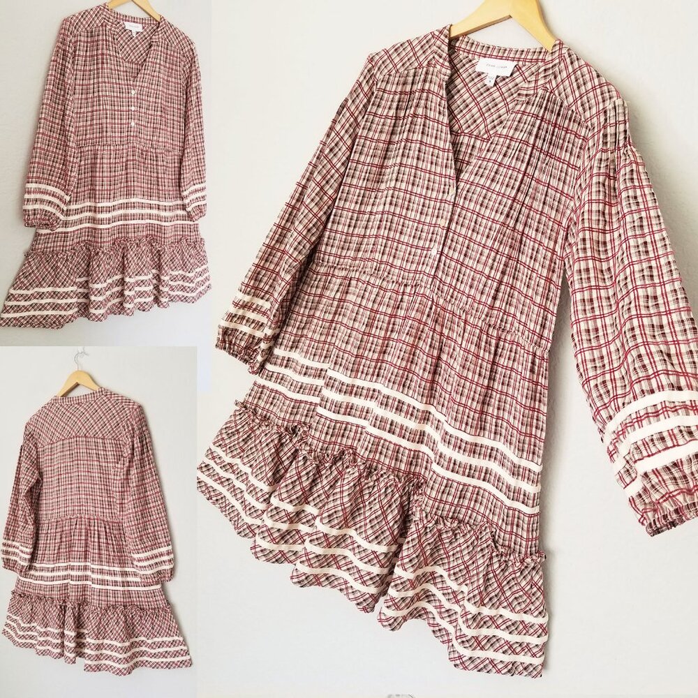 Dear John Plaid Ribbon Trim Tiered Mini Dress S Balloon Sleeves Cottagecore Boho